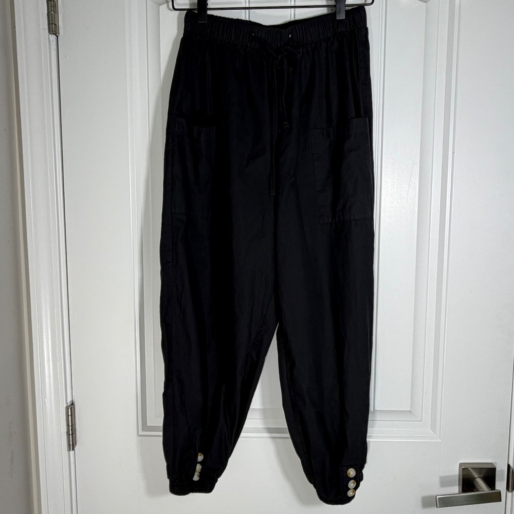 Black 100% Cotton Jogger Pants with Button Ankle Detail Elastic Waist Medium
